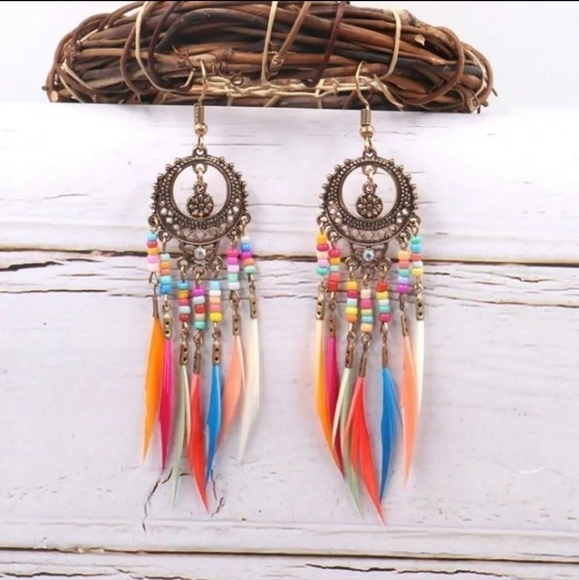 NWT Boho Colorful Long Beads Tassel Dangle Drop Earrings - Gold - Picture 1 of 6